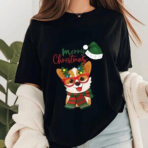 Christmas Dog T-Shirt , Cute Corgi with Santa Hat, Lights, and Scarf